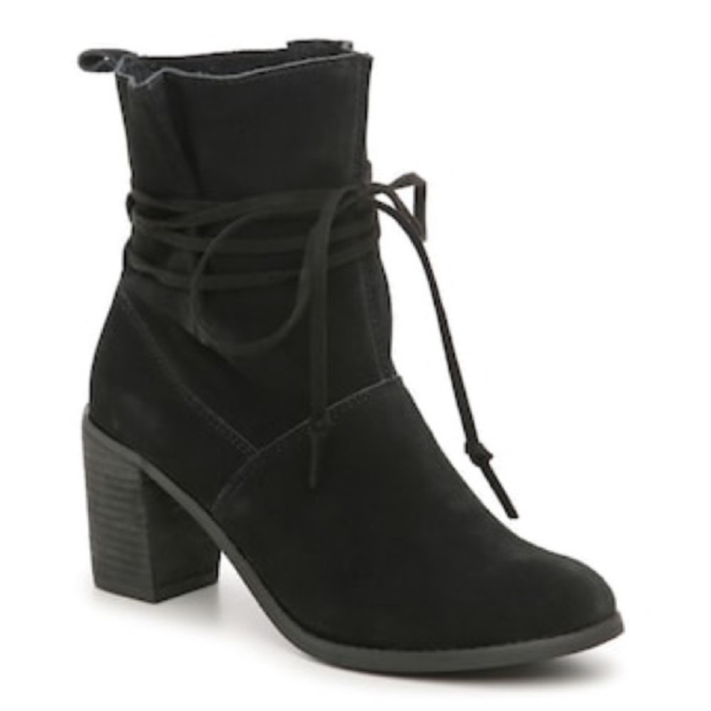 TOMS Mila Black Suede Heel Ankle Bootie tie women size 7.5